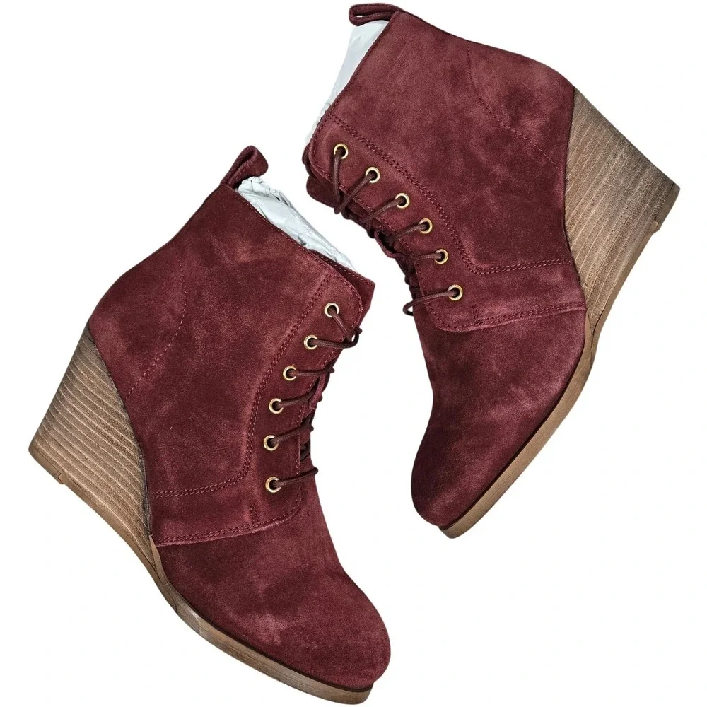 Diba Blake Suede Bootie Burgundy Lace Up Wedge Ankle Boots Women Size 8.5‎